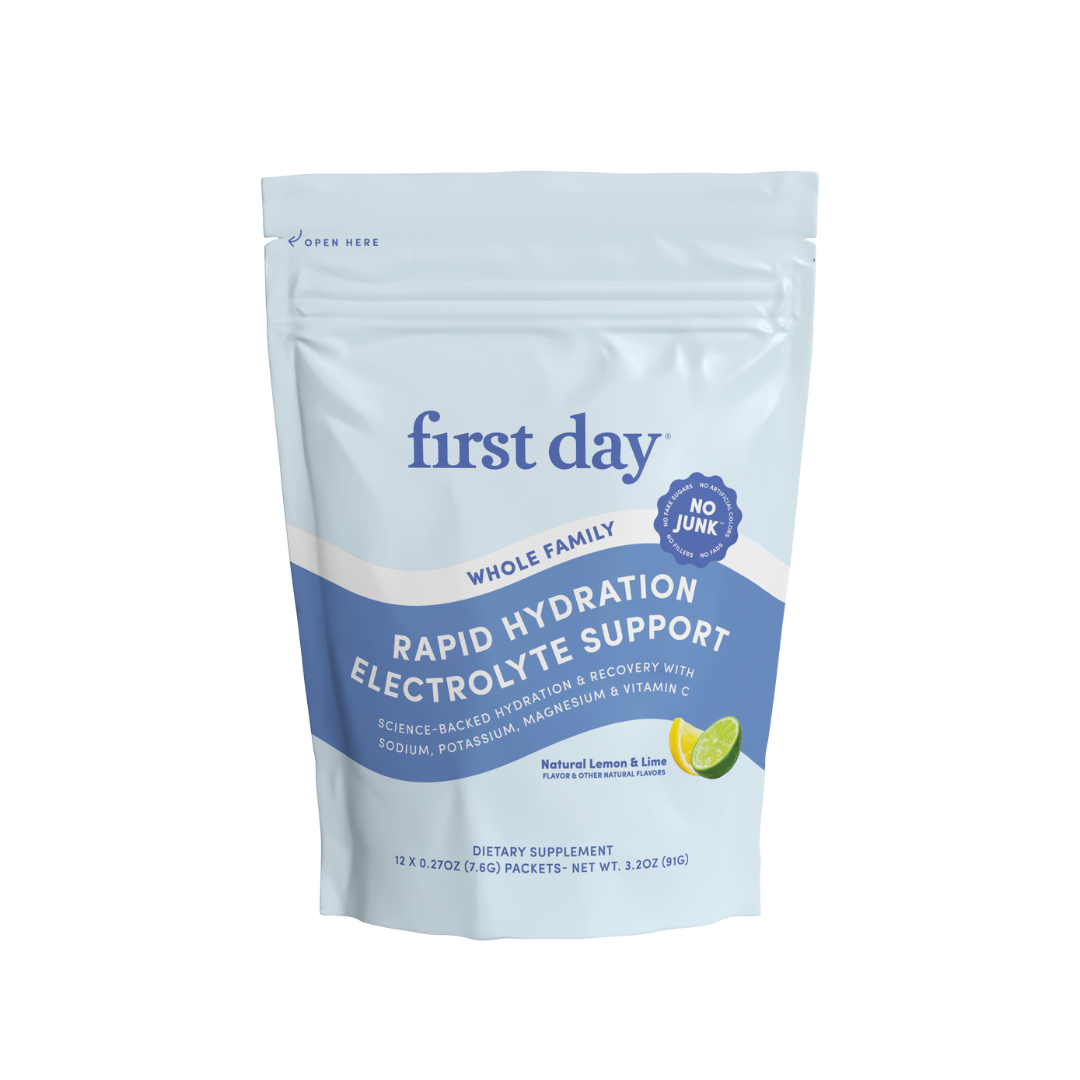 A light blue pouch labeled Rapid Hydration Electrolyte Support - Gift for the whole family, with lemon-lime flavors, vitamins, and electrolytes. Package shows a lemon-lime graphic.
