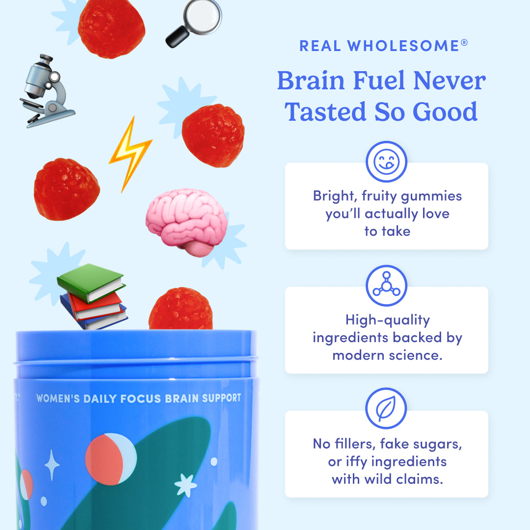 Advertisement for brain support gummies with text and graphics on a blue background