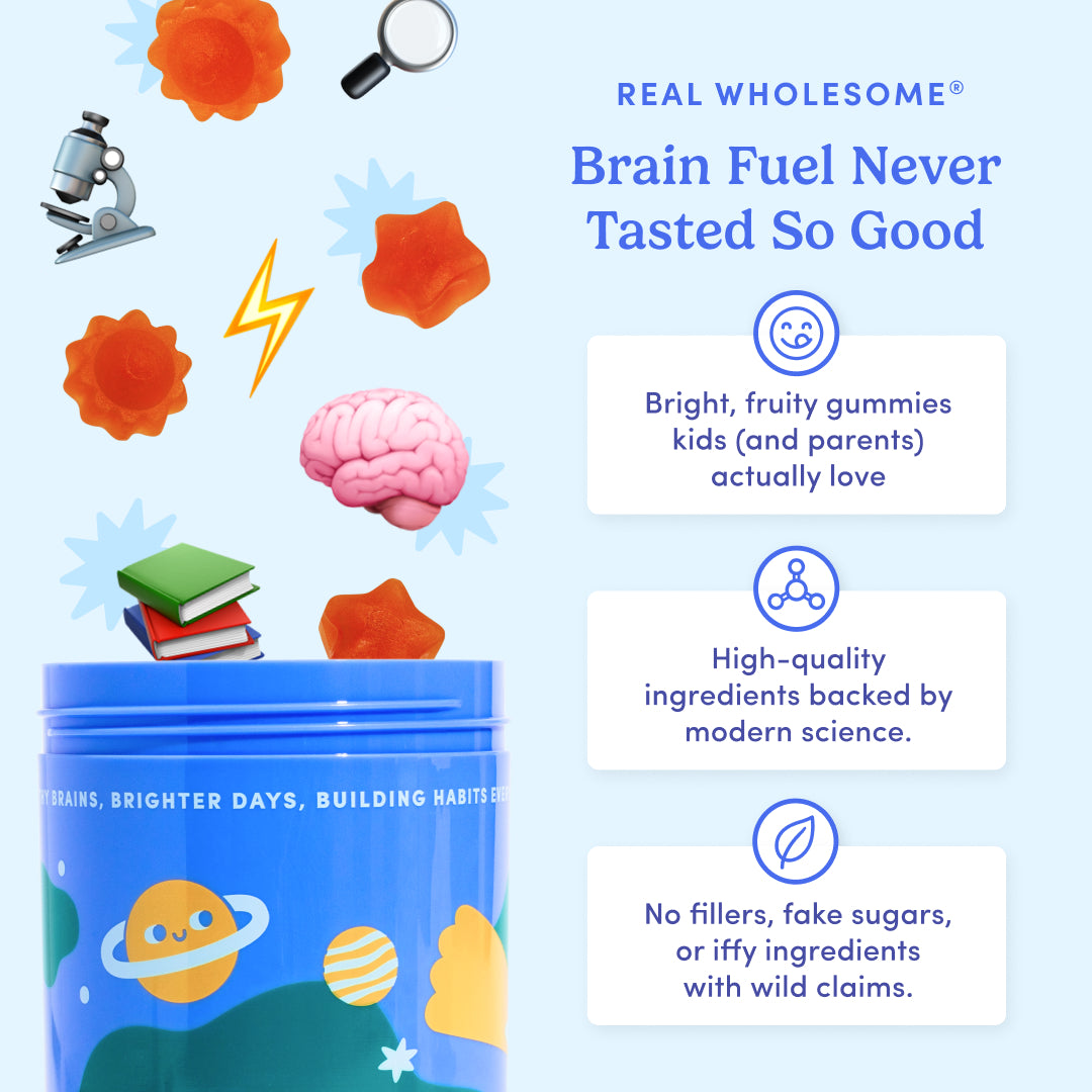 Promotional graphic for brain gummies with text about quality and ingredients on a light blue background.