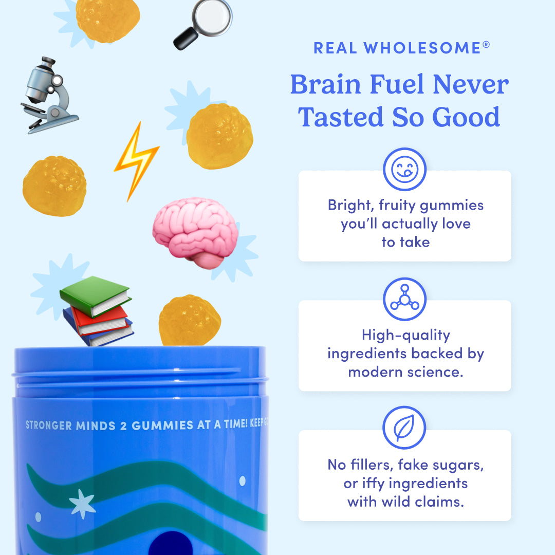 Promotional graphic for brain gummies with text about quality and ingredients on a blue background.
