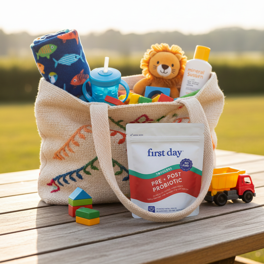 Baby essentials including a bag with toys, a sippy cup, and a 'first day' probiotic package on a wooden surface.