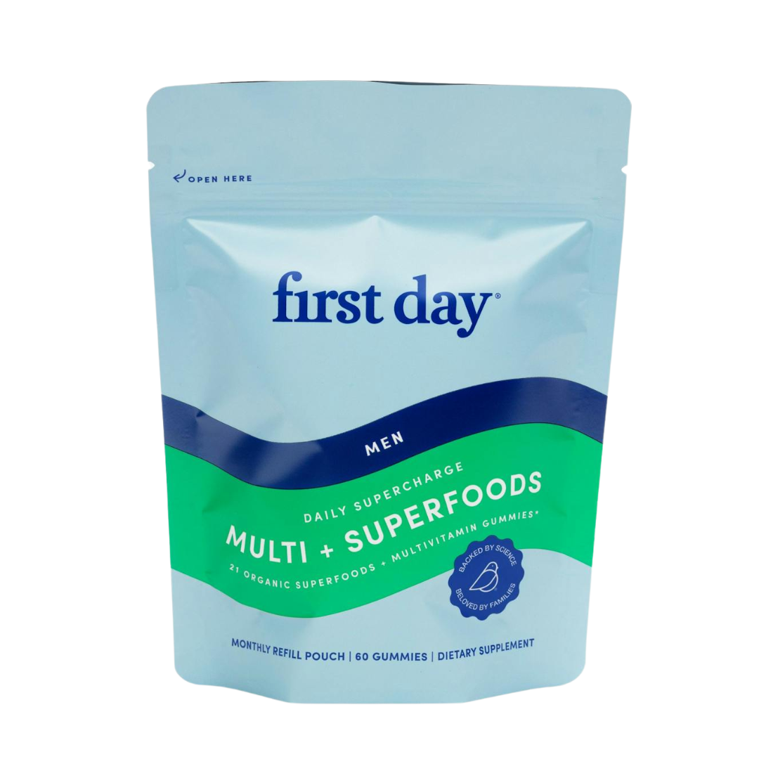 A light blue and green resealable pouch labeled Mens Daily Provisions - Refill Pouch holds 60 men&