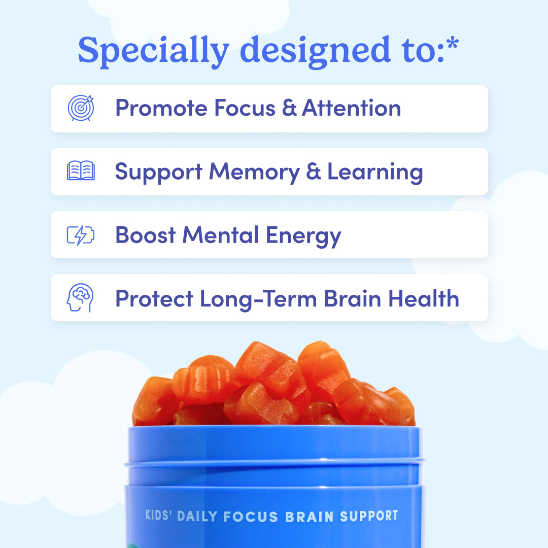 Blue container of gummy bears with text on a light blue background