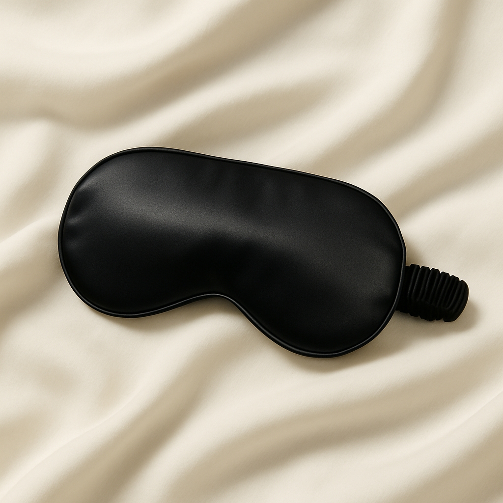 A black sleep mask with an elastic strap rests on smooth, cream-colored fabric with gentle folds.