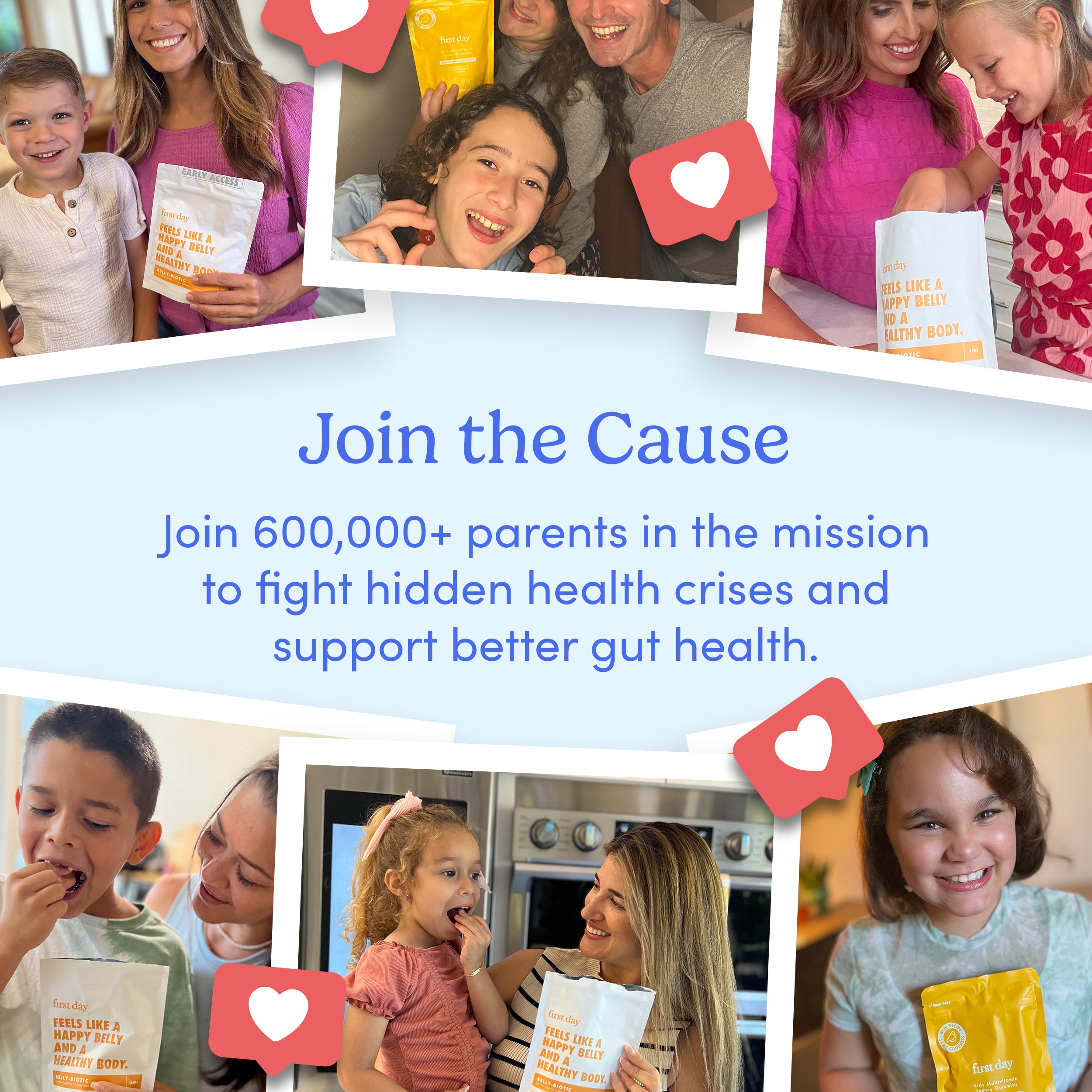 A collage of smiling parents and kids enjoying snacks, with heart icons. Text: Join 600,000+ parents using Kids&