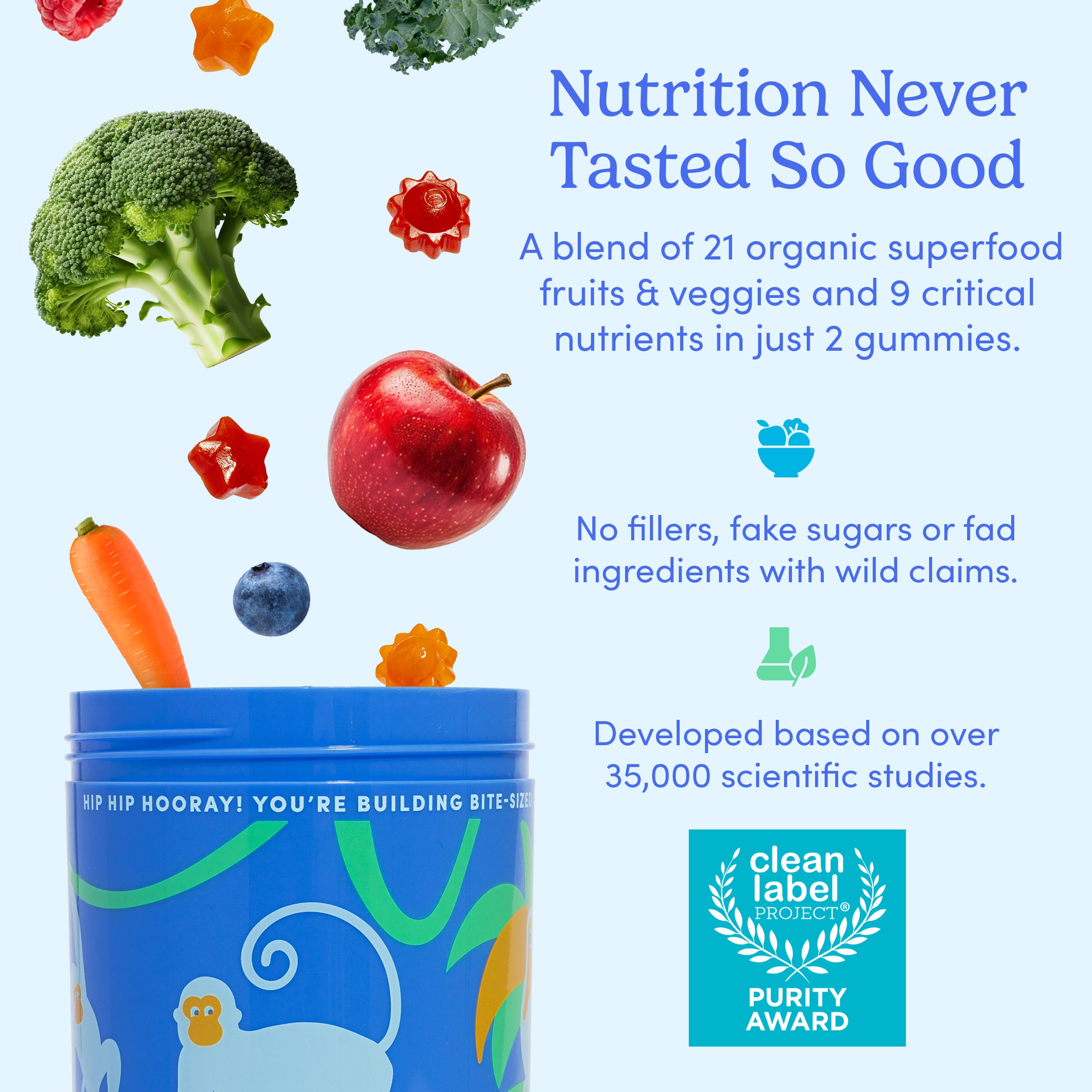 Nutrition never tasted so good with our blend of 21 organic superfood fruits and veggies and nine critical nutrients in just two gummies. No fake sugars and developed based on 35,000 scientific studies.