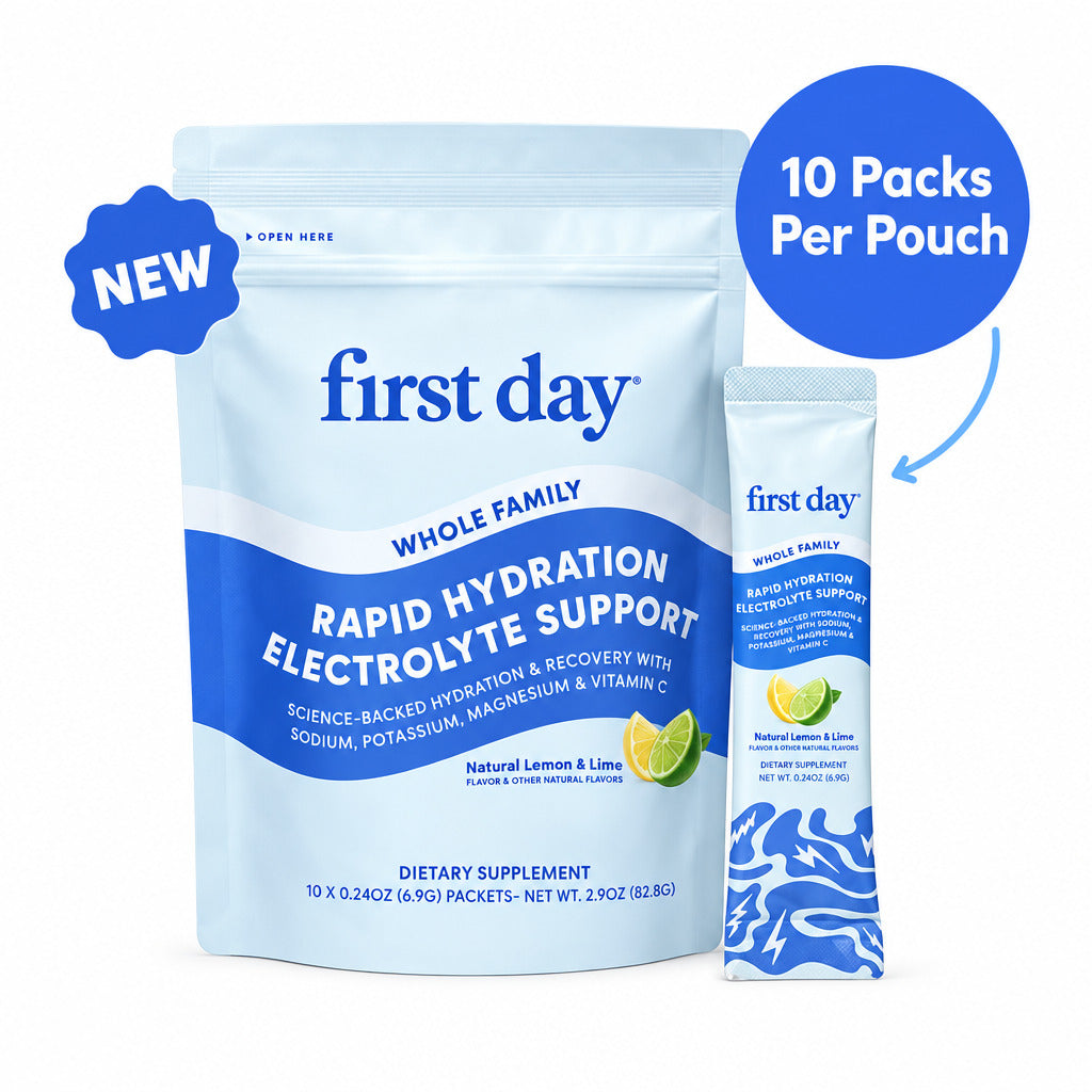 First Day Rapid Hydration Electrolyte Support packaging with lemon and lime illustration on a white background