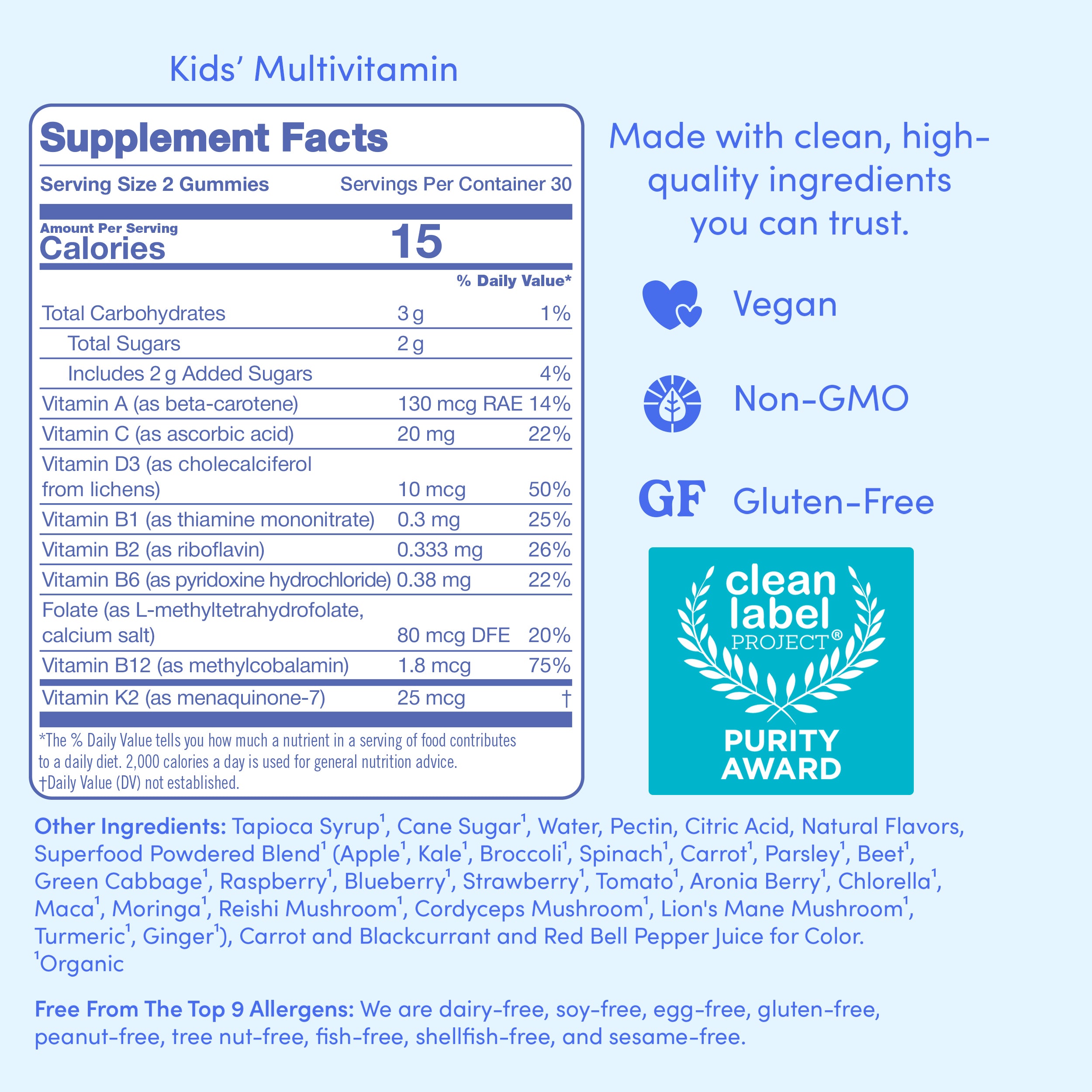 Kids Multivitamin Nutrition Label and Supplement Facts.