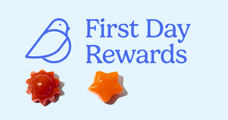 First Day Rewards logo with two colorful buttons on a light blue background