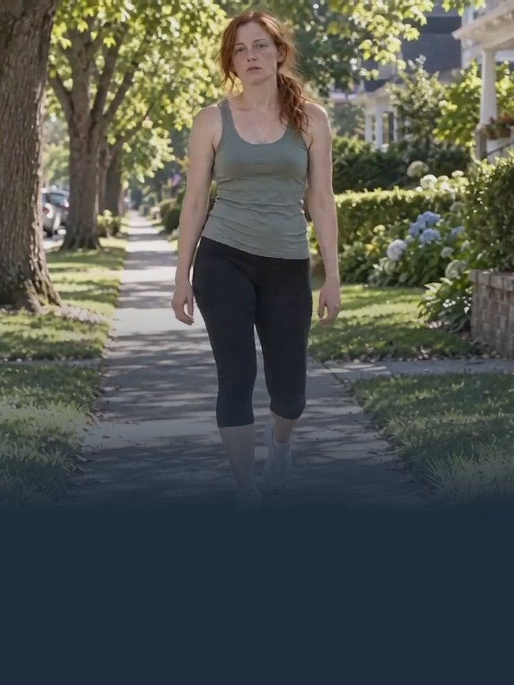 Woman walking on a tree-lined sidewalk