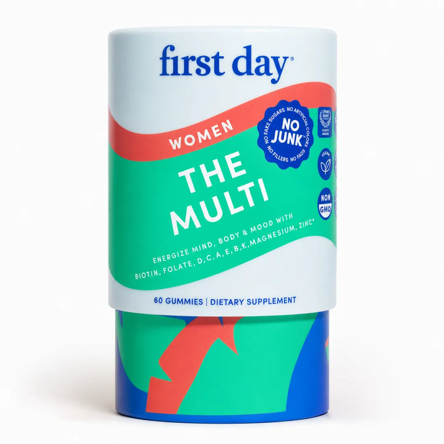 A cylindrical container of First Day Women The Multi dietary supplement gummies, featuring a white, green, and red label with blue branding, set against a plain white background.