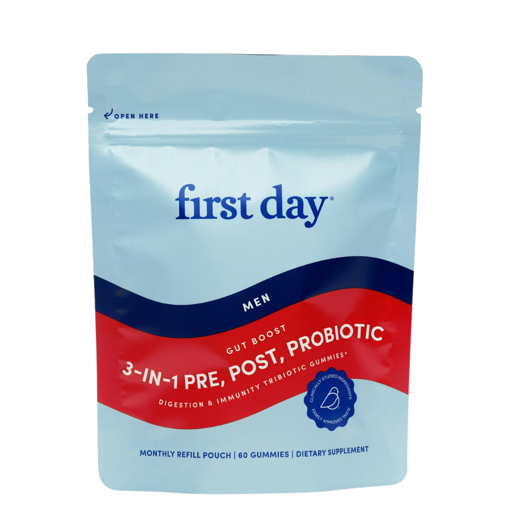 A light blue and red resealable pouch labeled Men's Gut Guardian Pouch Refills, containing 60 probiotic gummies for men, offering 3-in-1 Pre, Post, Probiotics to support digestive wellness and immunity as a dietary supplement.
