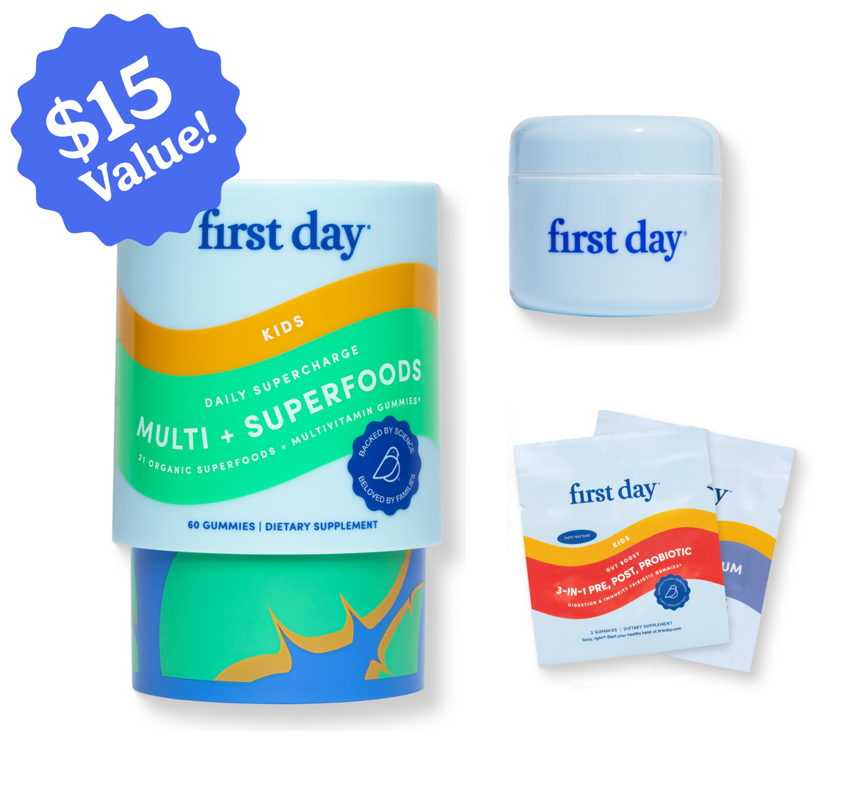 The Kids' Welcome Kit includes a green and blue Multi + Superfoods refillable bottle, a handy travel jar, two white packets, and features a blue "$15 Value!" badge in the top left corner.