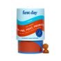 Dietary supplement container with gummy on a white background