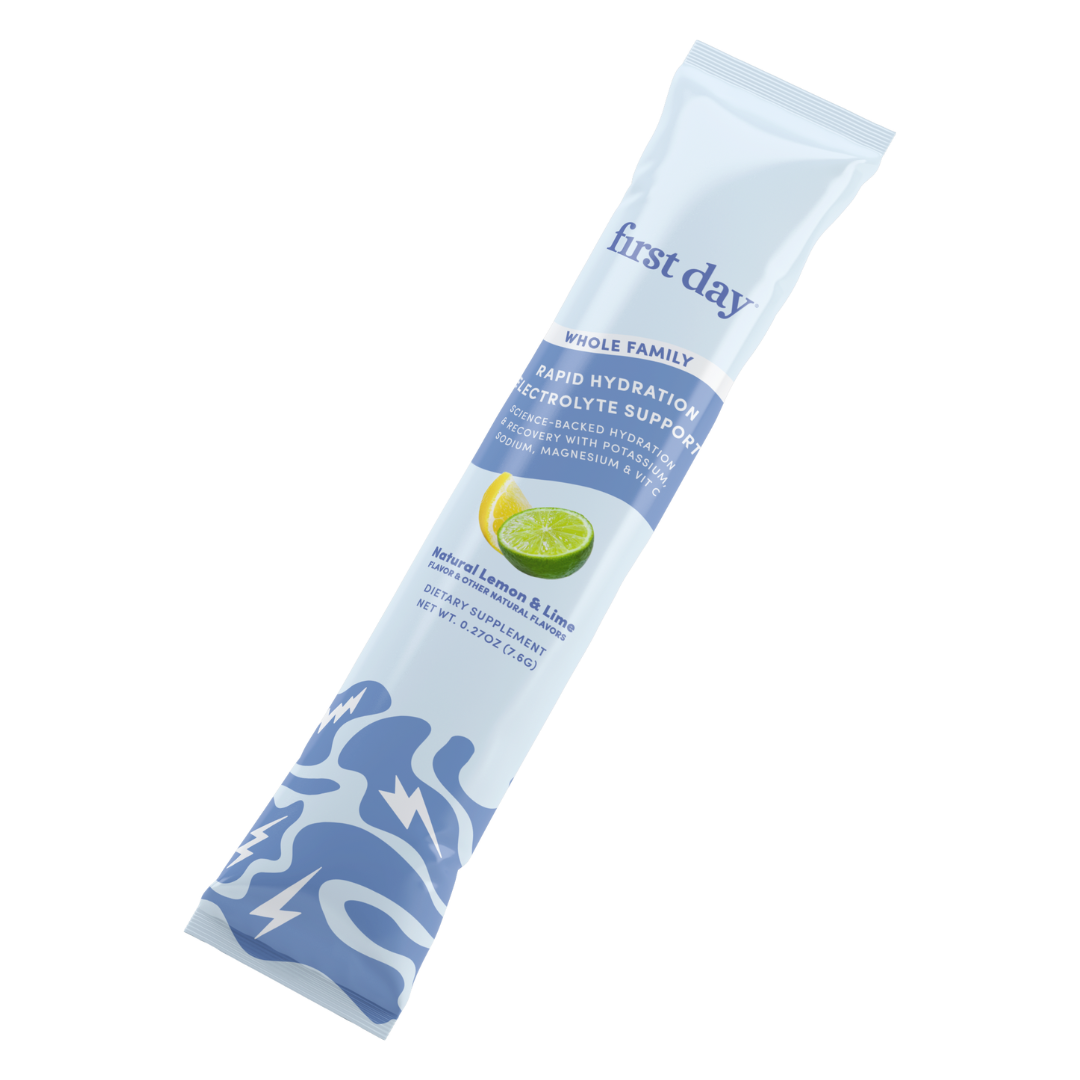A blue and white stick pack labeled "Rapid Hydration Electrolyte Support - Gift" contains an electrolyte supplement for hydration and muscle recovery in Natural Lemon &amp; Lime flavor, with a lime slice image and abstract blue designs on the packaging.