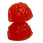 Two red gummies stacked on a black background