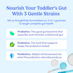 Advertisement for 3-in-1 gummies targeting gut health with probiotics, prebiotics, and postbiotics on a blue background.