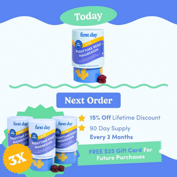 Upgrade To Quarterly On Next Order. This product image features "First Day" brand kids' multivitamin gummies