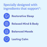 Blue graphic with text: “Specially designed with ingredients that support*: Restorative Sleep, Relaxed Mind & Body, Balanced Moods, Lasting Calm,” plus benefit icons—featuring Teens’ Nighttime Reset Calming Magnesium Add-On gummies on a light blue background.