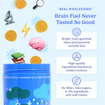 A blue container labeled Teens' Daily Focus Brain Support releases yellow gummies, books, and a brain icon. Text highlights fruity flavors, premium ingredients, and mental stamina for teens—no fillers or fake sugars—to appeal to teens and parents.