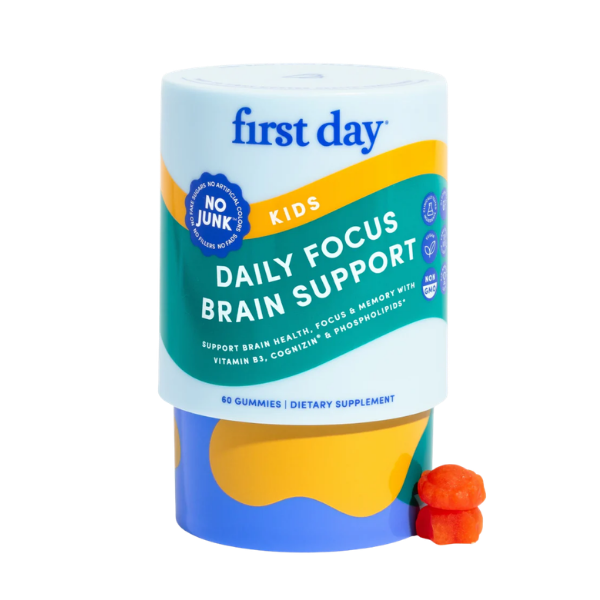 First Day Kids Daily Focus Brain Support supplement packaging with a gummy bear on a white background