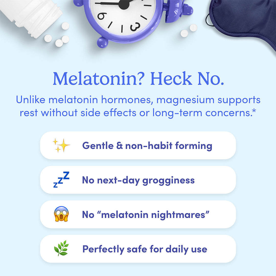 A spilled pill bottle, scattered pills, a clock, and a sleep mask with text: Melatonin? Heck No. Teens' Dream Team Starter Pack offers gentle, non-habit forming nighttime magnesium for better sleep—no grogginess, nightmares, or daily worries.