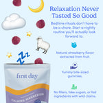 A pouch of Kids' Dream Team Starter Pack, delicious organic superfood gummies for better sleep, is surrounded by floating raspberries, a sheep, clouds, and stars. Text highlights relaxation benefits and natural strawberry flavor.