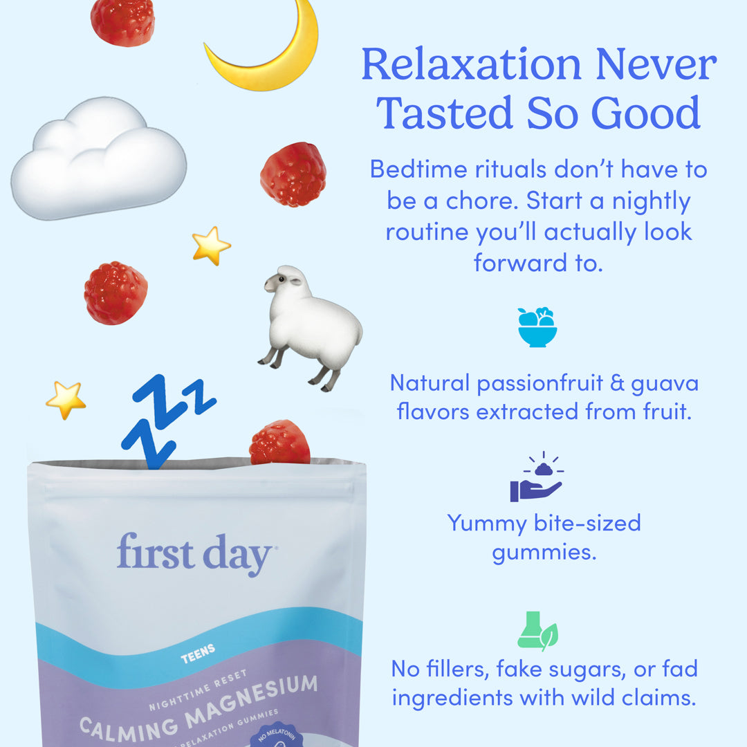 A Teens' Dream Team Starter Pack with calming magnesium gummies, floating raspberries, a sheep, and text highlighting relaxation, teen wellness, bedtime routines, natural flavors, bite-sized gummies, and no fillers or fake sugars.