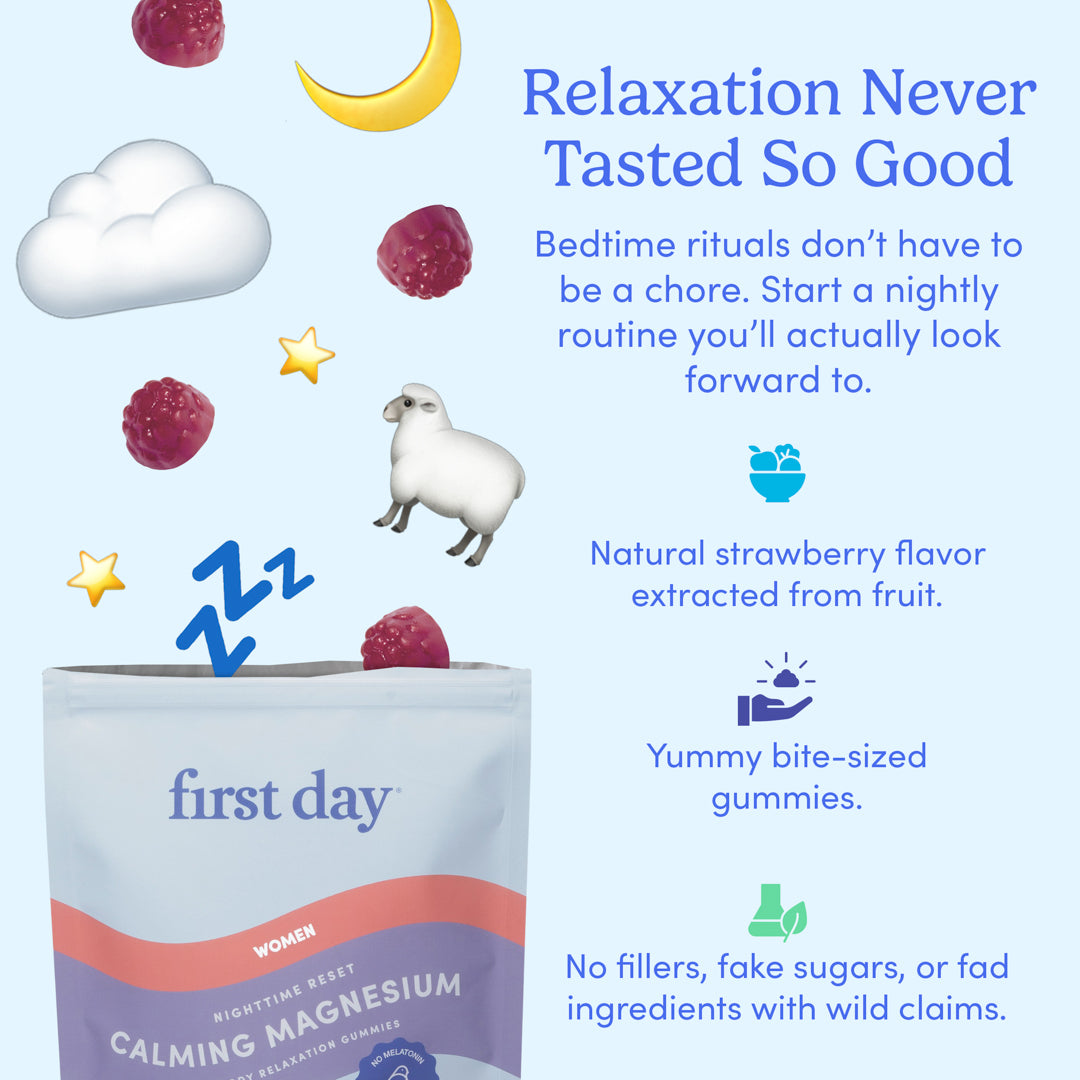 A pouch of Women's Dream Team Starter Pack is shown with floating raspberries, a sheep, clouds, moon, and Zzz symbols. Text highlights calming bedtime rituals, natural flavors with organic superfoods, and no artificial ingredients.
