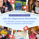 A collage shows kids and adults with Teens’ Nighttime Reset Calming Magnesium Add-On. Text highlights 55M+ gummies sold, inviting parents to join the Magnesium Movement—a calming sleep aid for teens—for better sleep and relaxation.