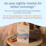 A pouch of Teens’ Nighttime Reset Calming Magnesium Add-On sits on a round table with a beaded bracelet, necklace, and patterned bag, showcasing this calming supplement as part of a teen’s nightly routine for better sleep.