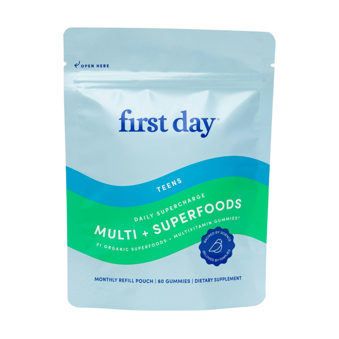 The "No Junk"™ Teens’ Multi - Refill Pouch is a resealable, light blue and green bag with 60 gummies. It highlights 27 organic superfoods and is labeled as a monthly dietary supplement refill for teens.