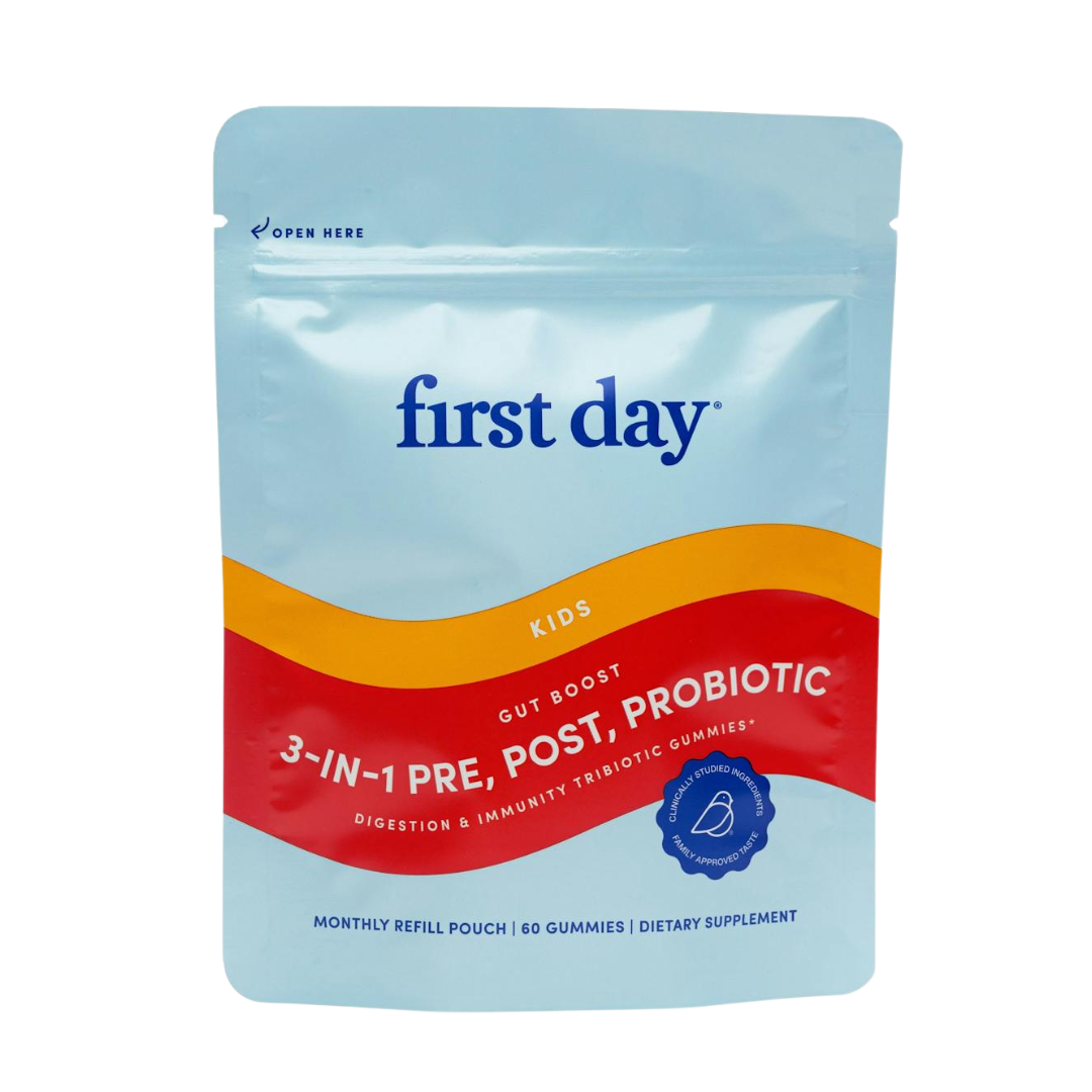The Kids' Belly-Biotic Pouch Refills, in a blue and red pouch, promote kids' gut health with 60 probiotic gummies for digestion, immunity, and overall gut support as a dietary supplement.