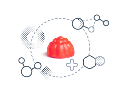 A single red gummy shaped like a berry is centered on a white background, surrounded by illustrated scientific symbols and dotted lines.