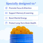 The image shows Teens' Daily Focus Brain Support—a blue container with yellow, brain-shaped gummies—below text highlighting benefits: supports focus and attention, boosts mental stamina and memory, aids learning, and promotes long-term brain health for teens.