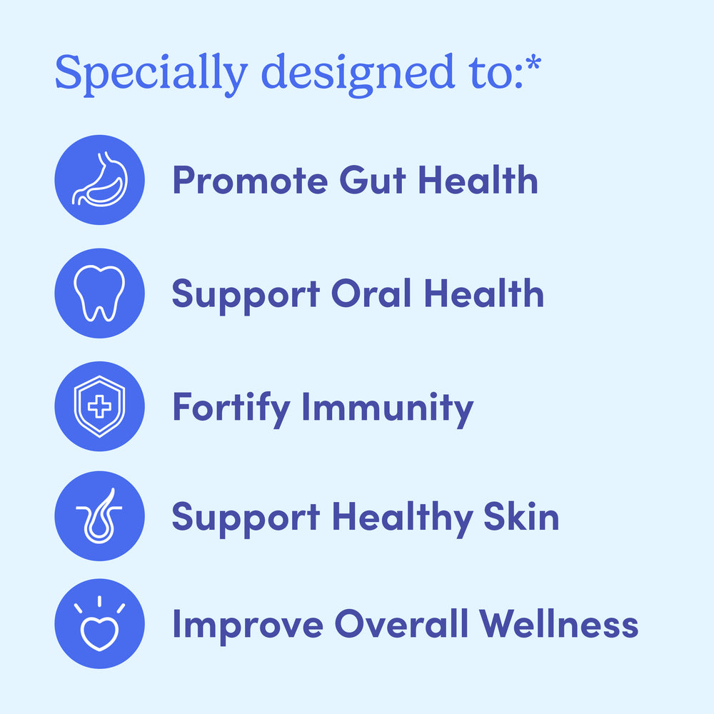 A light blue graphic with icons highlights benefits of Teens' 3-in-1 Pre+ Post+ Probiotic: supports digestive and oral health, boosts immunity, promotes healthy skin, and overall wellness. Text reads: Specially designed to:*.