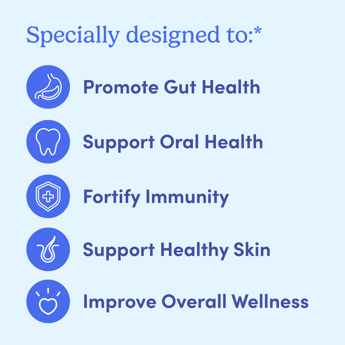 A light blue graphic with icons highlights benefits of Teens' 3-in-1 Pre+ Post+ Probiotic: supports digestive and oral health, boosts immunity, promotes healthy skin, and overall wellness. Text reads: Specially designed to:*.