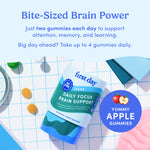 A container of Teens' Daily Focus Brain Support gummies is shown on a blue surface with a notebook, pen, and yellow balls. Text highlights apple flavor and powerful support for teens’ attention, memory, and learning.