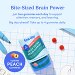 First Day Women's Daily Focus Brain Support gummies packaging on a grid background with text about brain health.