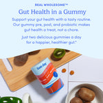 A container of Women's 3-in-1 Pre+ Post+ Probiotic gummies sits on a wooden board with sliced and whole kiwis. Text above highlights digestive health benefits and suggests taking two gummies daily for a healthier gut.