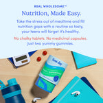 Product packaging with text about 'Real Wholesome' nutrition gummies on a wooden surface. Nutrition, made easy.