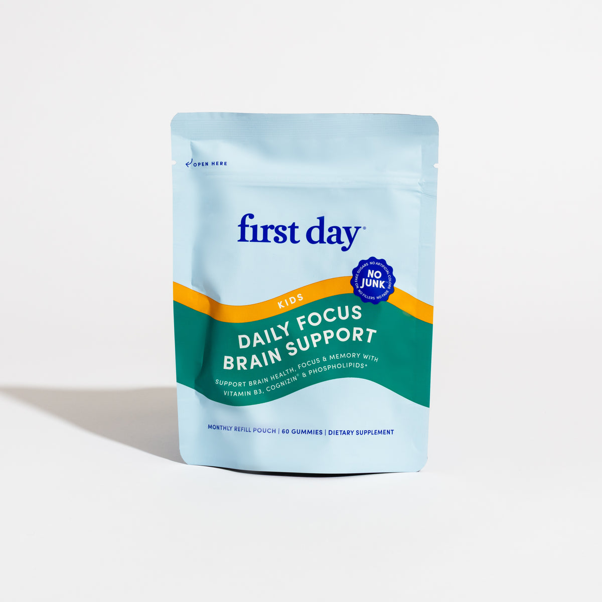 A blue and green resealable pouch labeled Kids' Brain Focus Refill Pouch, containing 60 gummies as a dietary supplement, stands upright on a white background.