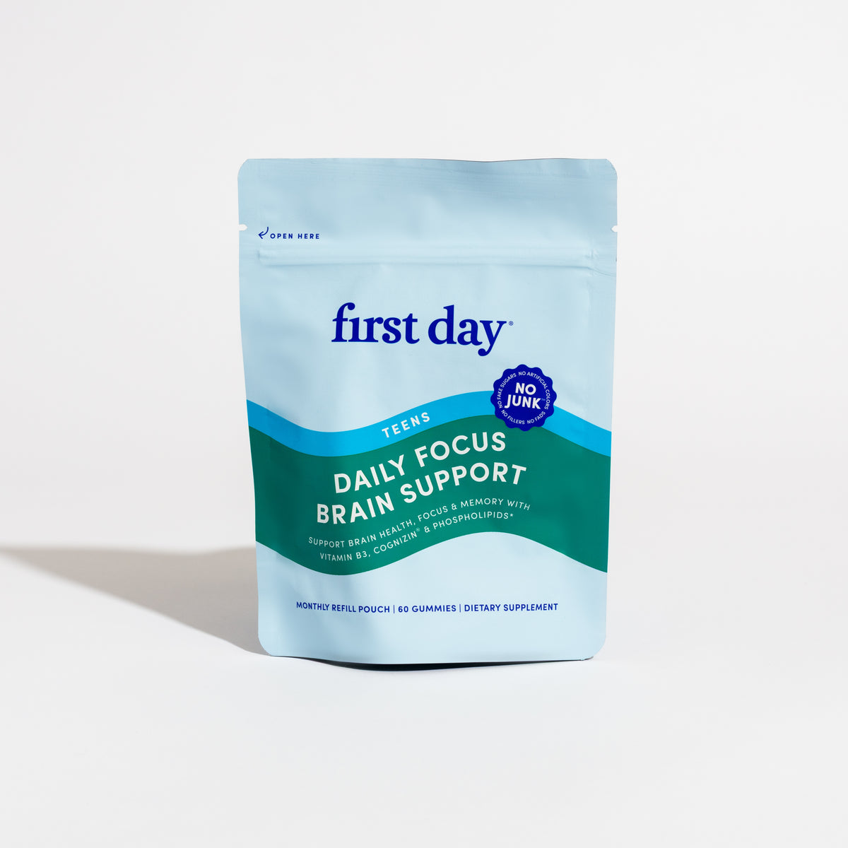 A blue and light blue resealable pouch labeled Teens' Brain Focus Refill Pouch for teens, containing 60 gummies with vitamin B6, CoQ10, and No Junk.
