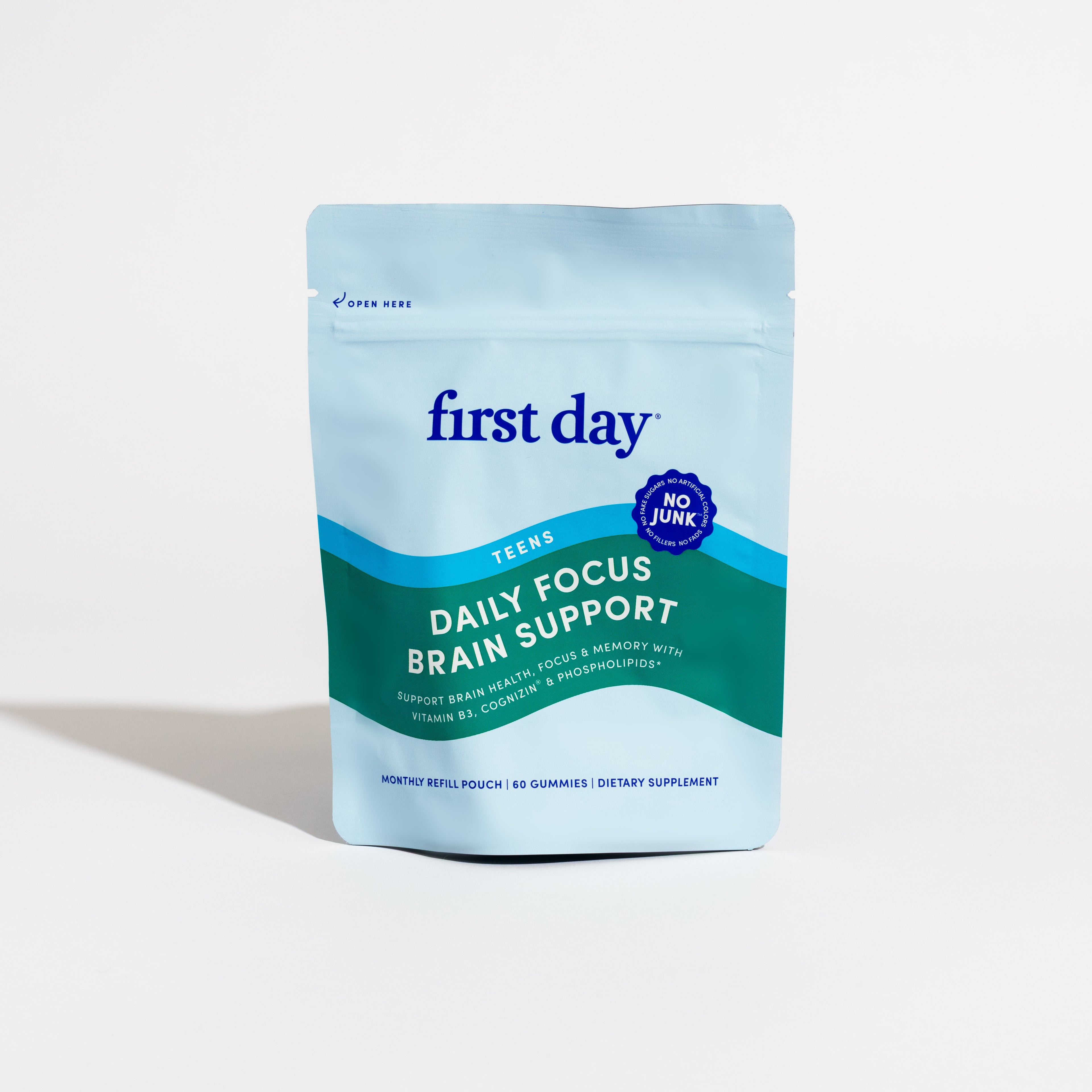 A blue and light blue resealable pouch labeled Teens&