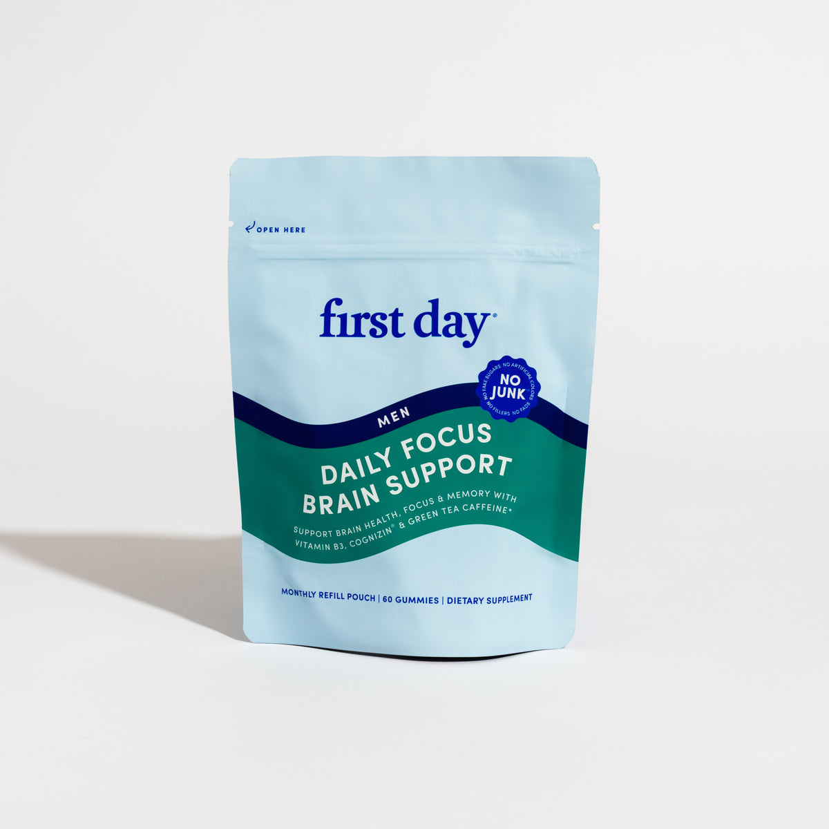A light blue and teal Men's Brain Focus Refill Pouch labeled "first day MEN DAILY FOCUS BRAIN SUPPORT," containing 60 gummies, stands upright on a white background. The package highlights "No Junk" and promotes brain health and memory.