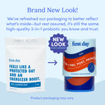 Two Men's 3-in-1 Pre+ Post+ Probiotic packages are shown: a white pouch with blue text and a blue-orange bottle. Text above notes the packaging has changed, but it's the same product for gut health and digestive wellness.