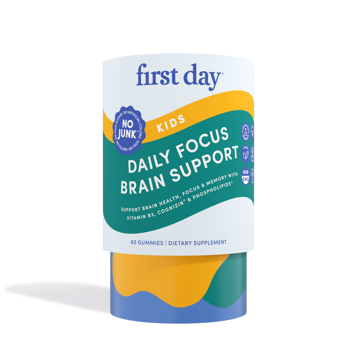 A container of Kids' Daily Focus (Test Copy) gummies with vibrant blue, yellow, green, and white packaging showcasing benefits like brain health, focus, memory support, and a No Junk label.