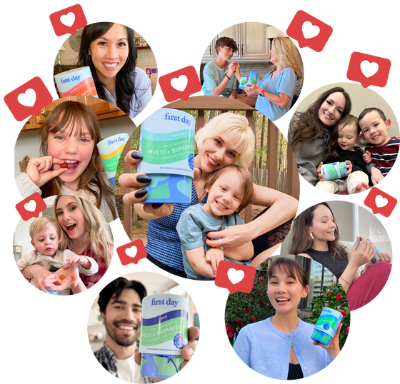 A collage of smiling adults and children holding First Day multivitamin bottles, surrounded by social media heart icons, showing happy families enjoying the product in various home and outdoor settings.
