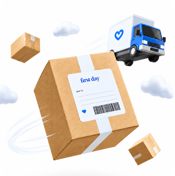 Cartoon delivery truck next to a cardboard box with 'first day' label on a white background