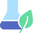 A simplified illustration of a laboratory flask filled with blue liquid, partially overlapped by a green leaf, symbolizing eco-friendly science or sustainable chemistry.